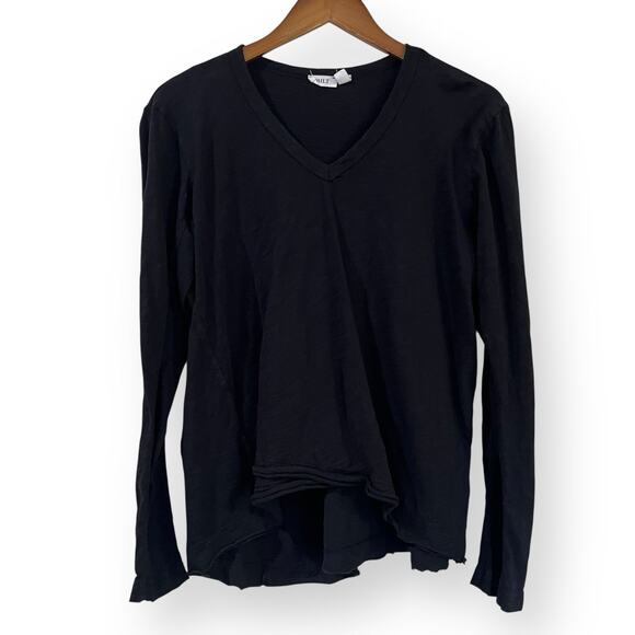 Wilt WomensLong Sleeve Mock Layer Tee Black Small Raw Hem V-Neck Cotton Slub USA - Picture 1 of 10